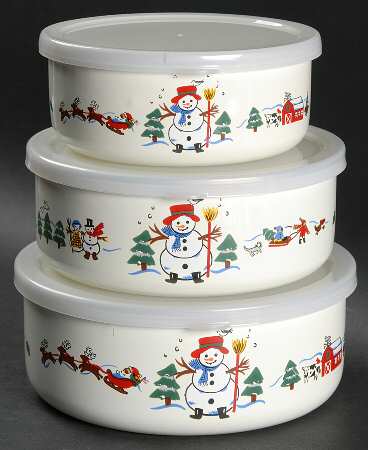Snow Village 3 Pc Metal Bowl W/Plastclid (5 3/4",6 5/8",7 1/4")