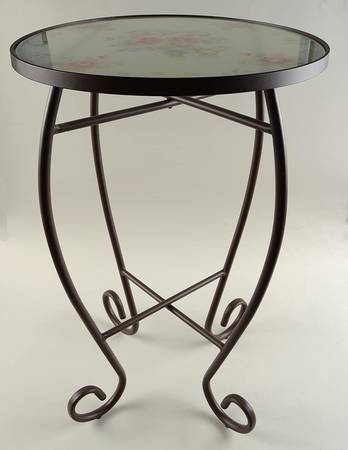 Tea Rose Round Metal Table W/Tempered Glass