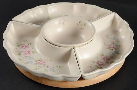 Tea Rose (5 Pc) Lazy Susan (3 Sides,1 Center & Wood Base)