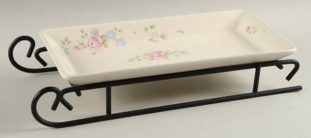 Tea Rose Sled Server-11" Rectangular Tray W/Iron Sled Stand