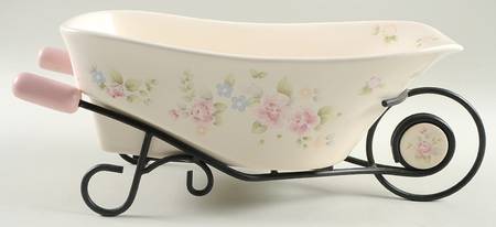 Tea Rose Wheelbarrow Serving Bowl W/Metal Frame
