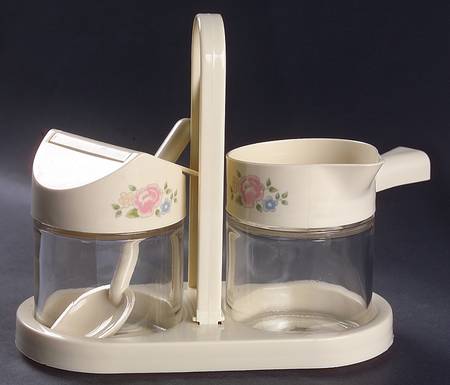 Tea Rose Glass Creamer & Sugar w/Plastic Lids,Spoon & Tray