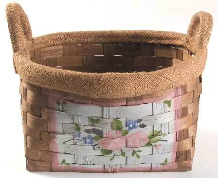 Tea Rose 12" Basket W/Burlap Handles