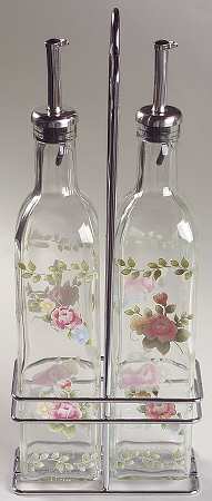 Tea Rose Set of 2 Glass Oils W/Drizzle Spouts & Metal Caddy