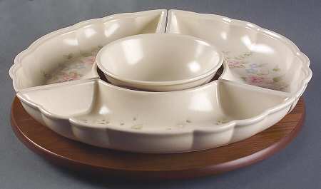Tea Rose (5 Pc) Lazy Susan (3 Sides, 1 Center & Wood Base)