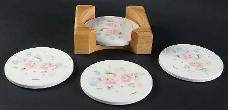 Tea Rose Wood Coaster with Wood Holder - Set of 4