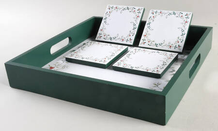 Winterberry Square Wood Tray & Set of 4 Wood Coasters