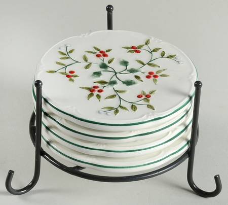Winterberry (5 Piece) Coaster Set (4 Coasters & Metal Holder)