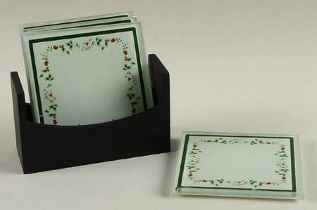 Winterberry Glassware Coaster with Wood Holder - Set of 4