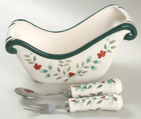 Winterberry Sleigh Shaped Dish w/Fork & Spoon