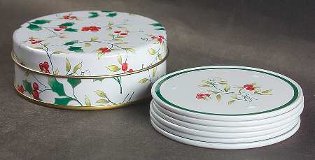 Winterberry Coaster Set - 7 Piece (6 Coasters and Metal Box)