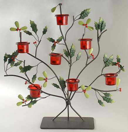 Winterberry Tea Light Metal Tree with 7 Glass Votives