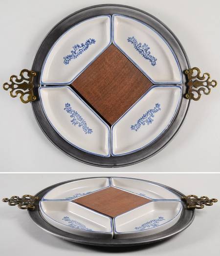 Yorktowne 4-Part Relish with Metal Handled Tray & Wood Block by Pfaltzgraff