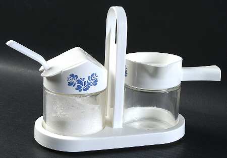 Yorktowne Glass Creamer & Sugar w/Plastic Lids,Spoon & Tray