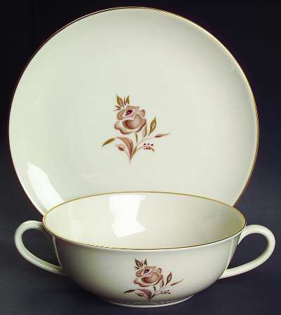 Brown Rose Flat Cream Soup Bowl & Dessert Plate/Saucer Set