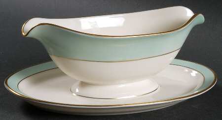 Malvern (Green&Gold Flower) Gravy Boat with Attached Underplate