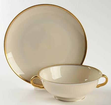 Puritan (Cream, Double Trim) Footed Cream Soup Bowl & Saucer Set