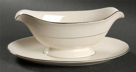 Venetia (Cream, Thin Platinum Trim) Gravy Boat with Attached Underplate