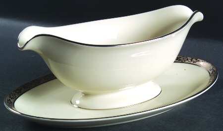 Venetian (White, Wide Platinum Encrusted Band) Gravy Boat with Attached Underplate