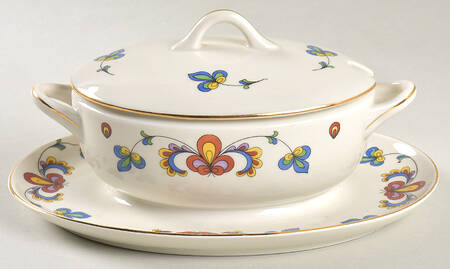 Farmer's Rose (Rim, Gold Trim) Sauce Boat with Attached Underplate & Lid