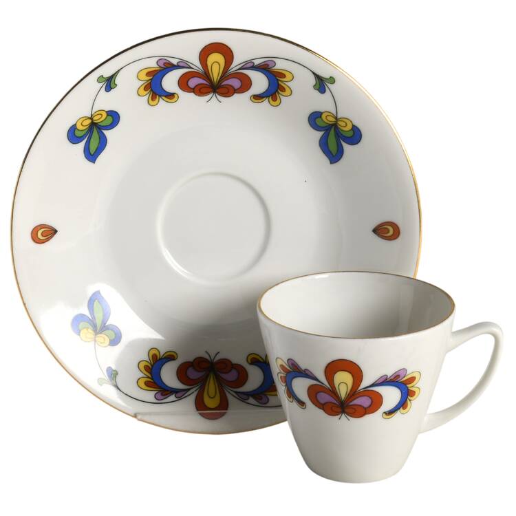 Farmer's Rose (Rim, Gold Trim) Flat Demitasse Cup & Saucer Set