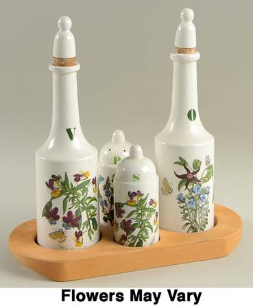 Botanic Garden Vinegar, Oil, Salt, Pepper & Wood Tray Set
