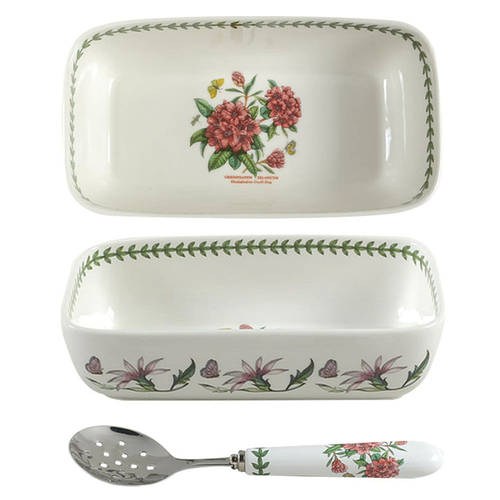 Botanic Garden Rectangular Cranberry Bowl & Stnl Ceramic Server