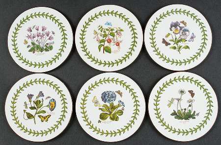 Botanic Garden Round Coaster Cork Back W/Thin Laurel Border - Set of 6