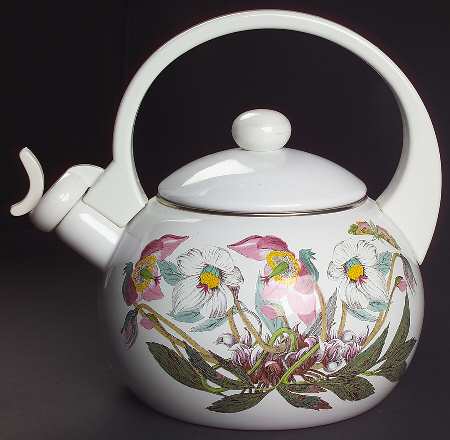 Botanic Garden Metal Kettle & Lid w/White Handle & Finial