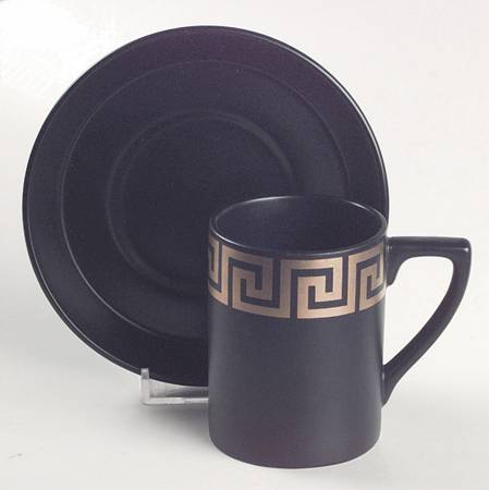 Greek Key Black Gold Flat Demitasse Cup & Saucer Set