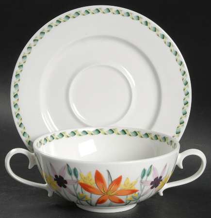 Ladies Flower Garden Flat Cream Soup Bowl & Saucer Set