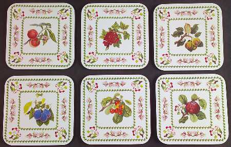 Pomona Sqaure Cork Back Coaster with Floral Border - Set of 6