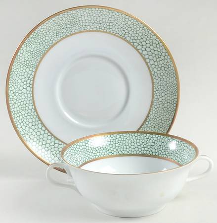 Galuchat Green Flat Cream Soup Bowl & Saucer Set