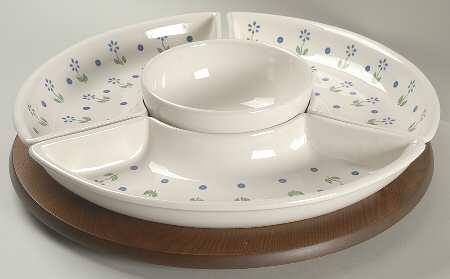 Cloverhill Floral (5 Pc) Lazy Susan (3 Sides, 1 Center & Wood Base)