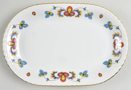 Farmer's Rose (Scalloped, Gold Trim) 10" Oval Serving Platter
