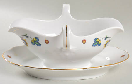 Farmer's Rose (Scalloped, Gold Trim) Gravy Boat with Attached Underplate