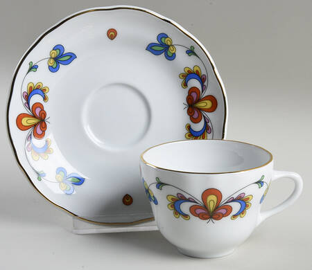 Farmer's Rose (Scalloped, Gold Trim) Flat Demitasse Cup & Saucer Set