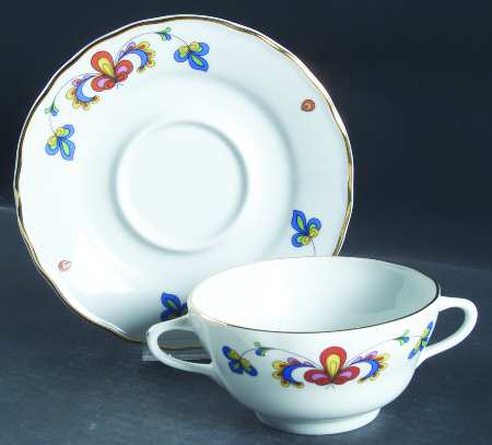 Farmer's Rose (Scalloped, Gold Trim) Footed Cream Soup Bowl & Saucer Set