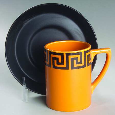 Greek Key Black Orange Flat Demitasse Cup & Saucer Set