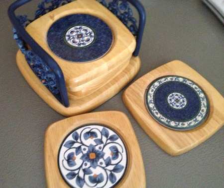 Orleans Wood & Ceramic Coaster - Set of 4 with Wood Caddy
