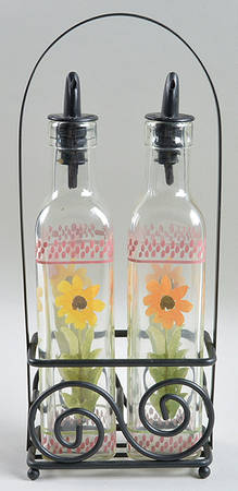 Pistoulet Set of 2 Glass Oils W/Drizzle Spouts & Metal Caddy