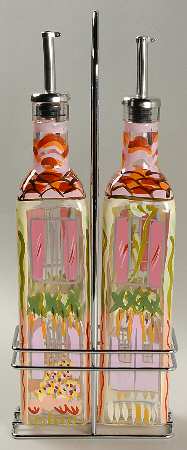 Pistoulet Set of 2 Glass Oils W/Drizzle Spouts & Metal Caddy