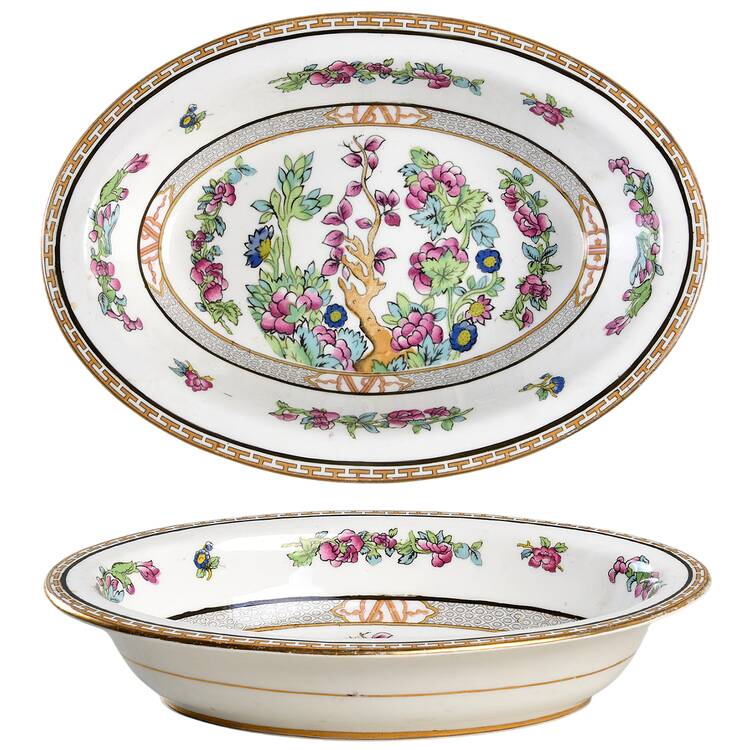 Indian Tree (Smooth, Gold Trim) 10" Oval Vegetable Bowl