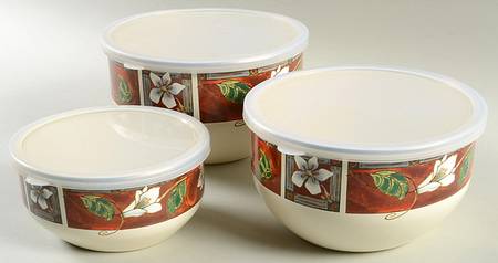 Mission Flower 3 Pc Metal Bowl W/Plastic Lids(5 3/4",6 7/8"&7 3/4