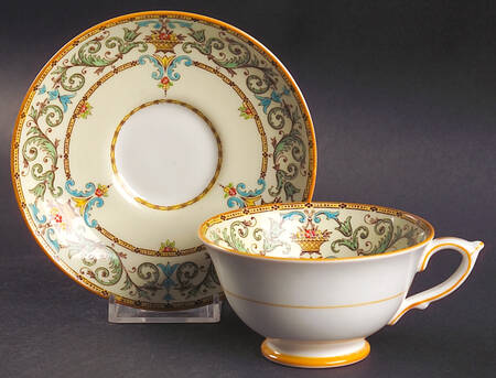 Adam (Green & Aqua Scrolls) Footed Cup & Saucer Set