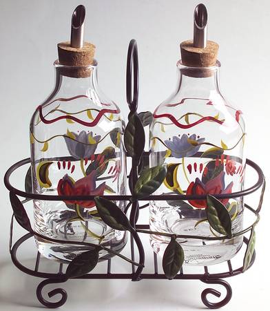 Napoli (Stoneware) Set of 2 Glass Oils W/Drizzle Spouts & Metal Caddy