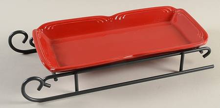 Winterberry Ruby (Red) Sled Server-11" Rectangular Tray W/Iron Sled Stand