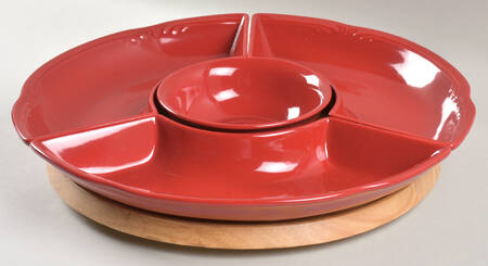 Winterberry Ruby (Red) (5 Pc) Lazy Susan (3 Sides, 1 Center & Wood Base)