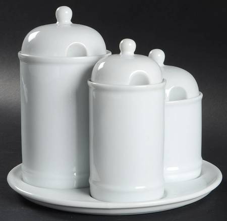 Great White Collection (Rim Shape) (7 Piece) Condiment Set (3 Jars, Tray)