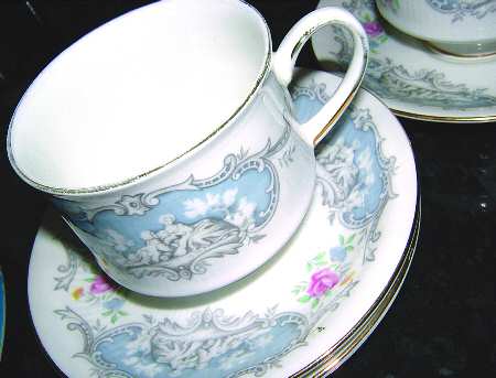 Dubarry (Smooth, Blue Panels, Pink Roses) Footed Cup & Saucer Set